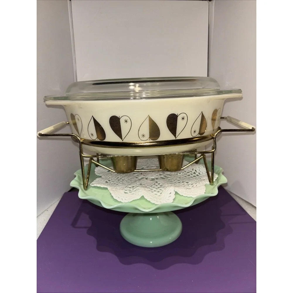 Vintage PYREX Golden Hearts‎ Promotional Casserole 045 2 1/2 Qt W/ Candle Warmer